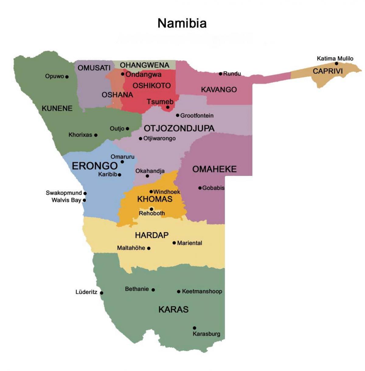 מפת נמיביה עם אזורים